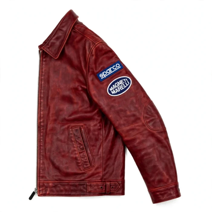 Alfa Romeo Leather Jacket side view — deep red heritage racer jacket with sleeve embroidery