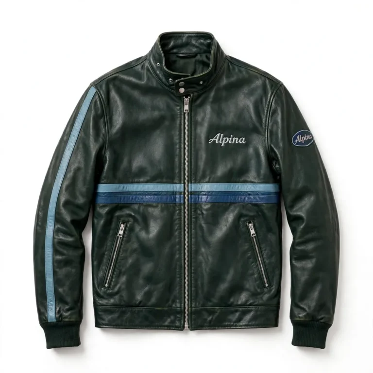 Alpina Leather Jacket front view, dark green with light-blue and dark-blue stripes racer jacket