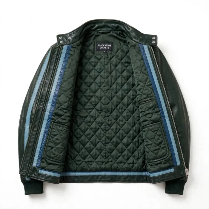 Alpina Leather Jacket inner lining view, quilted dark-green satin lining