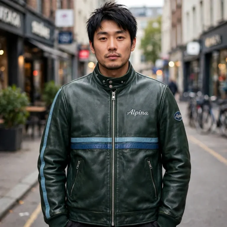 Model wearing the Alpina Leather Jacket, dark green with light-blue and dark-blue stripes racer jacket