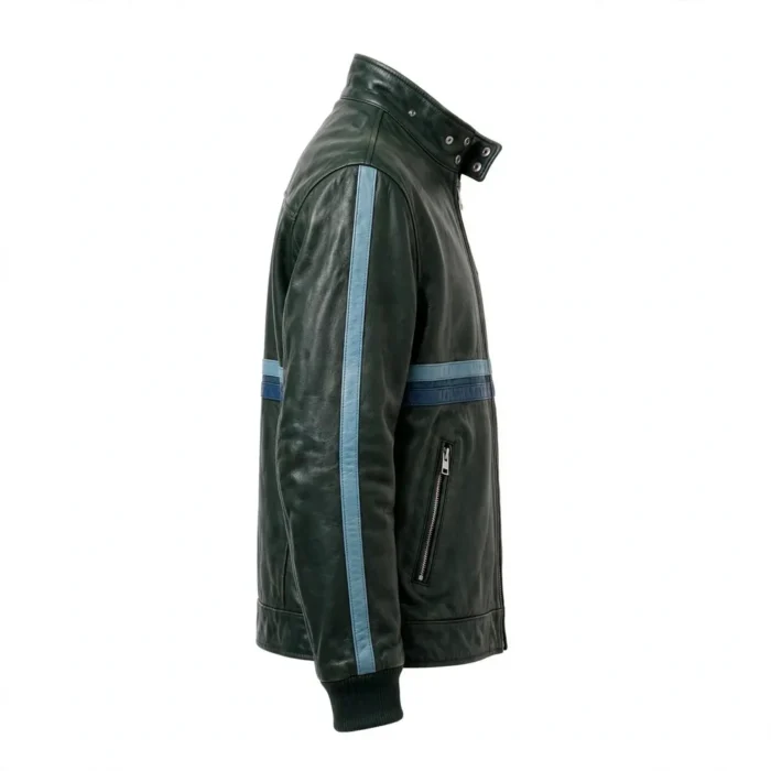 Alpina Leather Jacket side view, dark green with light-blue and dark-blue stripes racer jacket