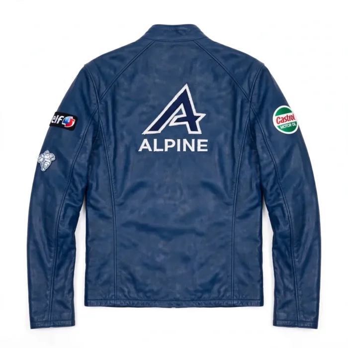 Alpine Leather Jacket back view — dieppe blue jacket with back embroidery