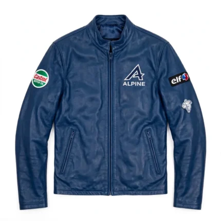 Alpine Leather Jacket front view — dieppe blue jacket with chest embroidery and sponsor-style patches