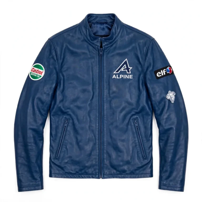 Alpine Leather Jacket front view — dieppe blue jacket with chest embroidery and sponsor-style patches