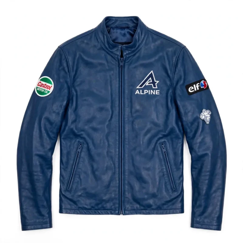 Alpine Leather Jacket front view — dieppe blue jacket with chest embroidery and sponsor-style patches