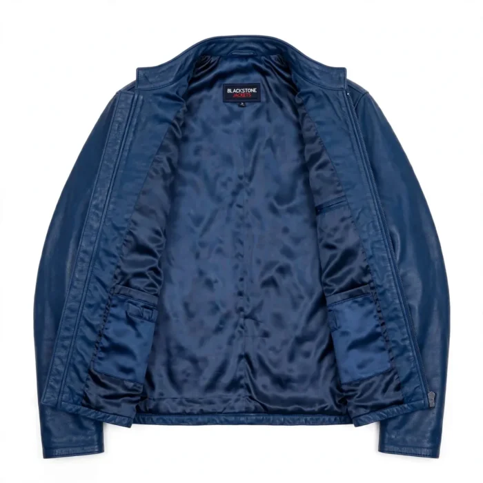 Alpine Leather Jacket inner view — plain lining with inside pockets and Blackstone Jackets neck label