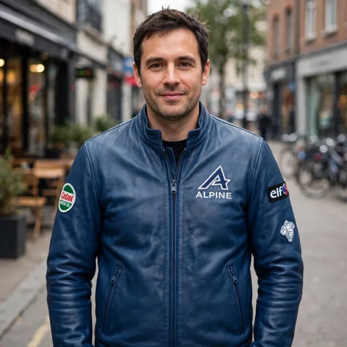 Alpine Leather Jacket model view — front-facing model wearing the dieppe blue jacket with chest embroidery