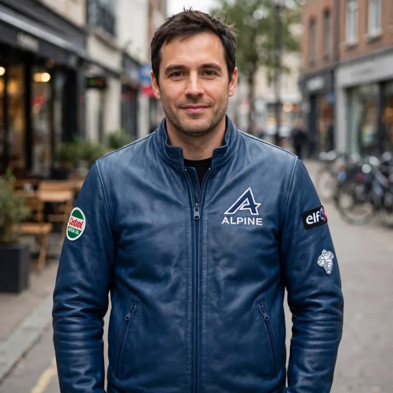 Alpine Leather Jacket model view — front-facing model wearing the dieppe blue jacket with chest embroidery