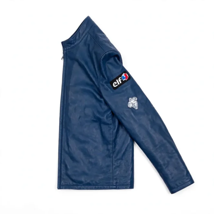 Alpine Leather Jacket side view — dieppe blue jacket with sleeve embroidery