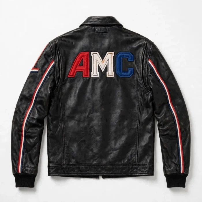 AMC Leather Jacket back view, red-white-and-blue vintage trim on black vintage racer jacket