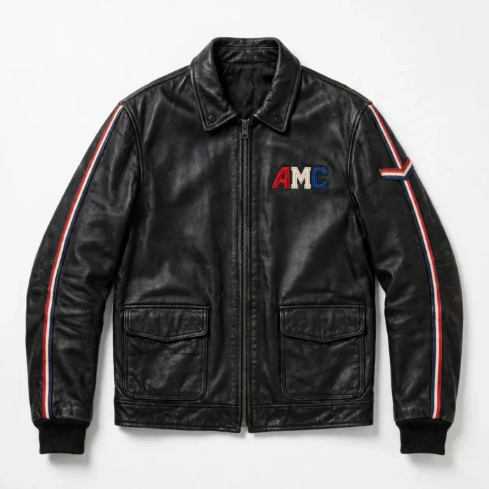 AMC Leather Jacket front view, red-white-and-blue vintage trim on black vintage racer jacket