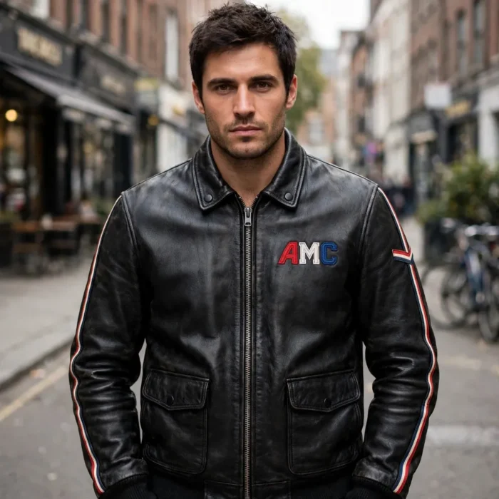 Model wearing the AMC Leather Jacket, red-white-and-blue vintage trim on black vintage racer jacket