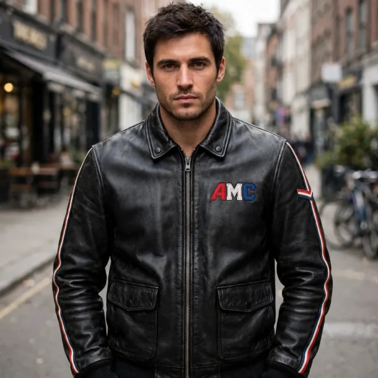 Model wearing the AMC Leather Jacket, red-white-and-blue vintage trim on black vintage racer jacket