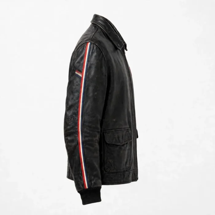 AMC Leather Jacket side view, red-white-and-blue vintage trim on black vintage racer jacket