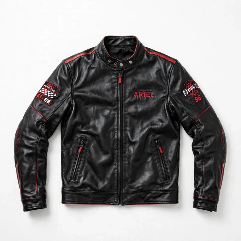 Ariel Leather Jacket front view, black with red accents racing jacket, ARIEL wordmark embroidered on the left chest