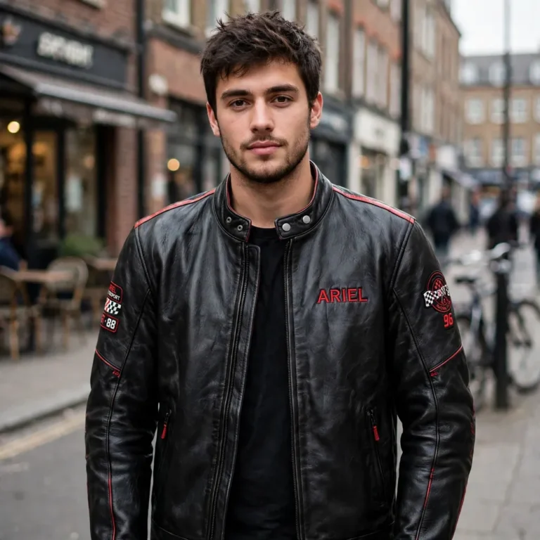 Man wearing the Ariel Leather Jacket outdoors, front-facing, showing the racing jacket and chest embroidery