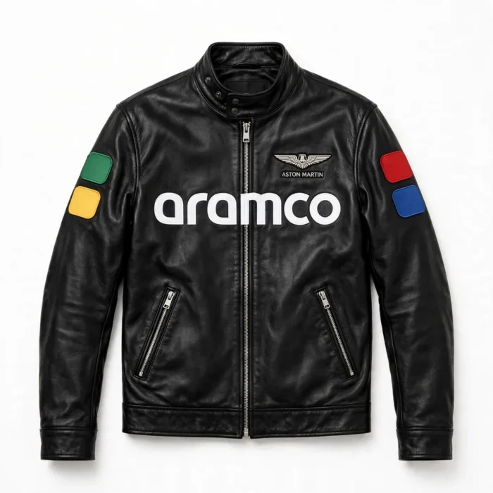 Aston Martin Leather Jacket front view — black racer with winged chest emblem, large aramco chest lettering and sleeve patches