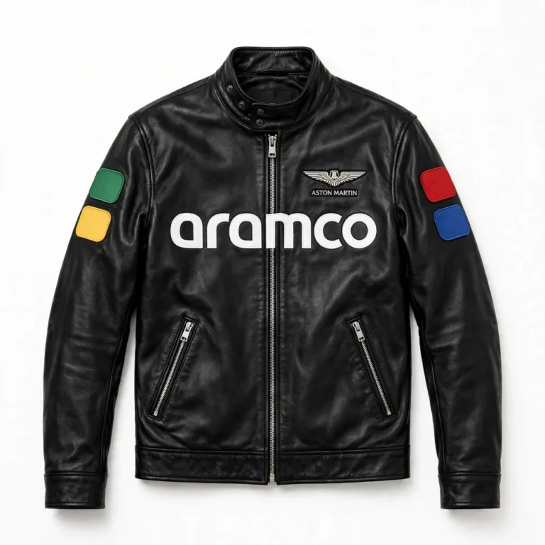Aston Martin Leather Jacket front view — black racer with winged chest emblem, large aramco chest lettering and sleeve patches