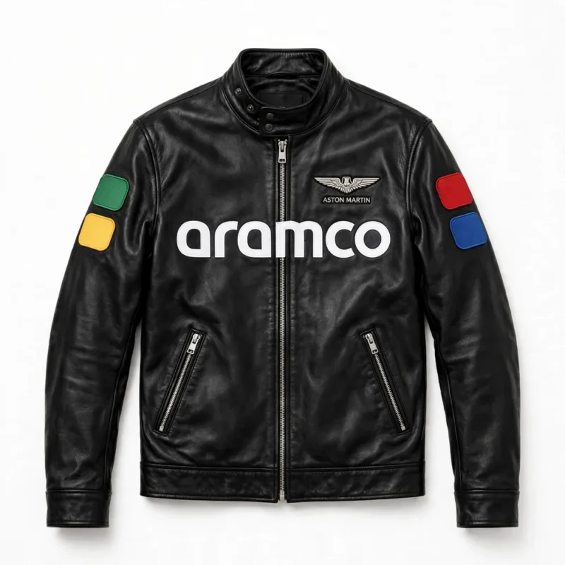 Aston Martin Leather Jacket front view — black racer with winged chest emblem, large aramco chest lettering and sleeve patches