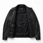 Aston Martin Leather Jacket inner view — plain black lining with inside pockets and Blackstone Jackets neck label