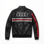 Audi Leather Jacket back view, black with red and silver quattro-style stripes racer jacket