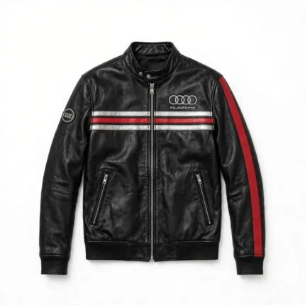 Audi Leather Jacket front view, black with red and silver quattro-style stripes racer jacket
