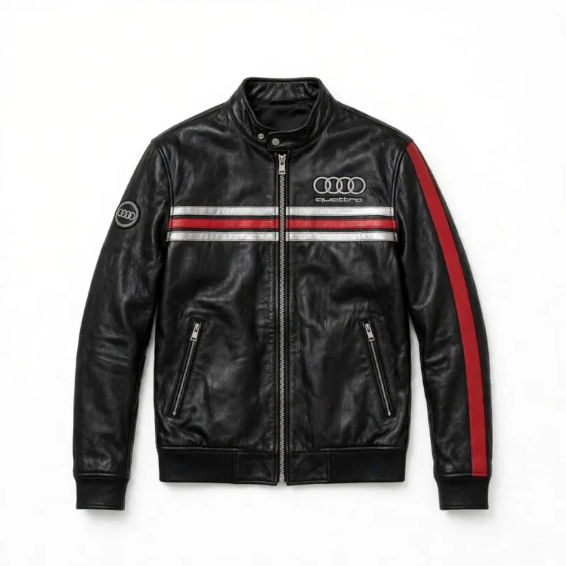 Audi Leather Jacket front view, black with red and silver quattro-style stripes racer jacket