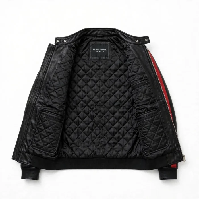 Audi Leather Jacket inner lining view, quilted black satin lining