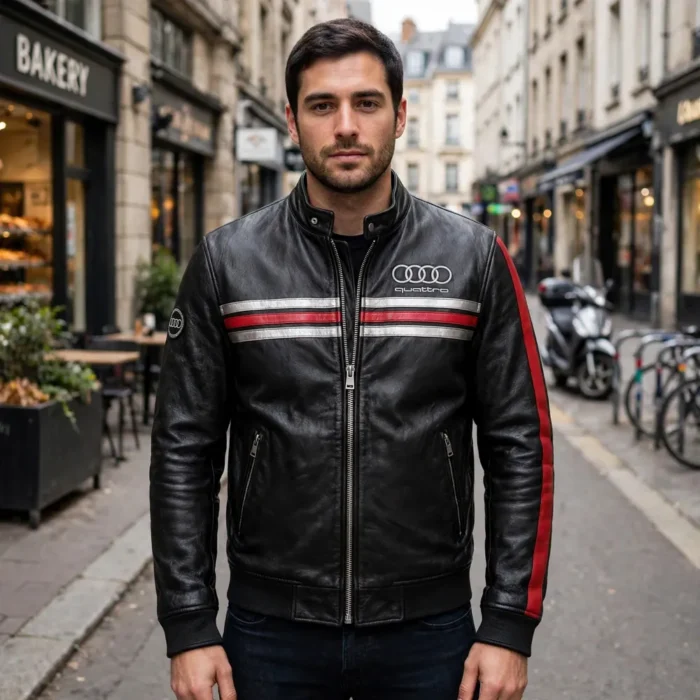 Model wearing the Audi Leather Jacket, black with red and silver quattro-style stripes racer jacket