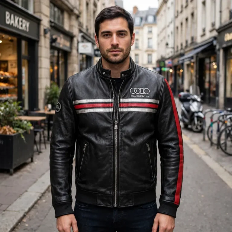 Model wearing the Audi Leather Jacket, black with red and silver quattro-style stripes racer jacket