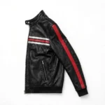Audi Leather Jacket side view, black with red and silver quattro-style stripes racer jacket