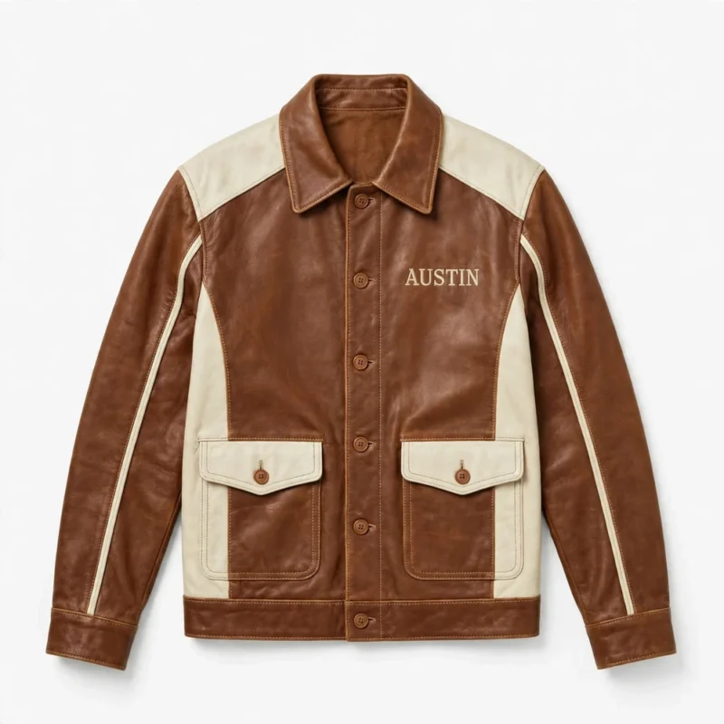 Austin Leather Jacket front view, warm brown with cream panels heritage cruiser jacket, AUSTIN wordmark embroidered on the left chest