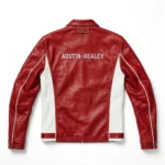 Austin-Healey Leather Jacket back view, two-tone red with white side panels leather, AUSTIN-HEALEY lettering in white across the upper back
