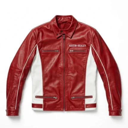 Austin-Healey Leather Jacket front view, two-tone red with white side panels heritage roadster jacket, AUSTIN-HEALEY wordmark embroidered on the left chest