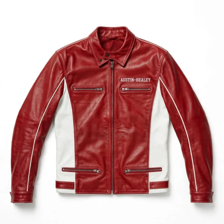 Austin-Healey Leather Jacket front view, two-tone red with white side panels heritage roadster jacket, AUSTIN-HEALEY wordmark embroidered on the left chest
