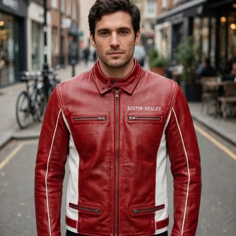 Man wearing the Austin-Healey Leather Jacket outdoors, front-facing, showing the heritage roadster jacket and chest embroidery