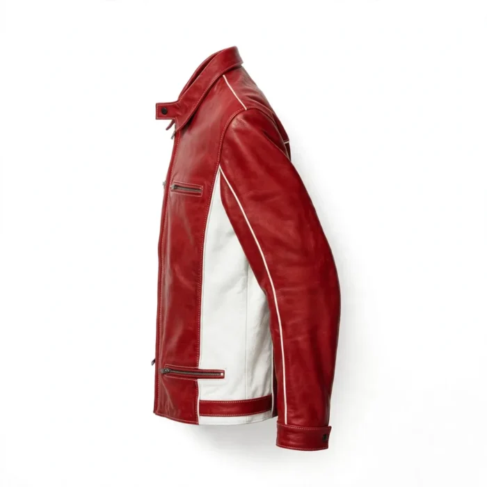 Austin-Healey Leather Jacket side view, two-tone red with white side panels heritage roadster jacket with snap-down collar