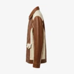 Austin Leather Jacket side view, warm brown with cream panels heritage cruiser jacket with shirt-style collar