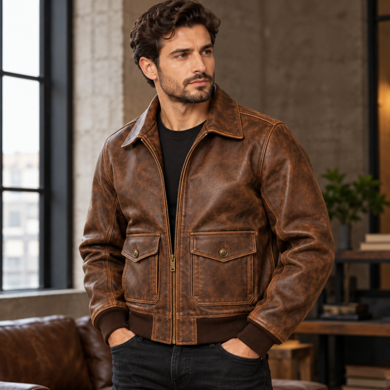 Orion Distressed Brown Men's A-2 Flight Leather Jacket | Blackstone Jackets