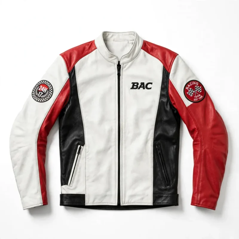 BAC Leather Jacket front view, white with black and red panels racing jacket, BAC wordmark embroidered on the left chest