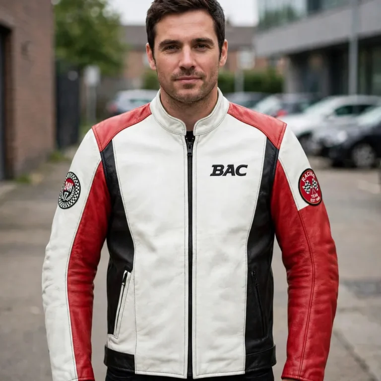 Man wearing the BAC Leather Jacket outdoors, front-facing, showing the racing jacket and chest embroidery