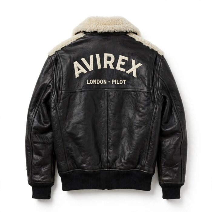 Avirex Black Men’s Leather Shearling Collar Flight Bomber Jacket | Blackstone Jackets
