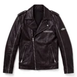 Barracuda Leather Jacket front view, plum-black with silver accents biker jacket