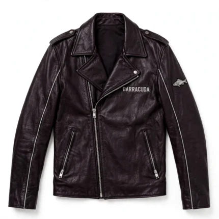 Barracuda Leather Jacket front view, plum-black with silver accents biker jacket