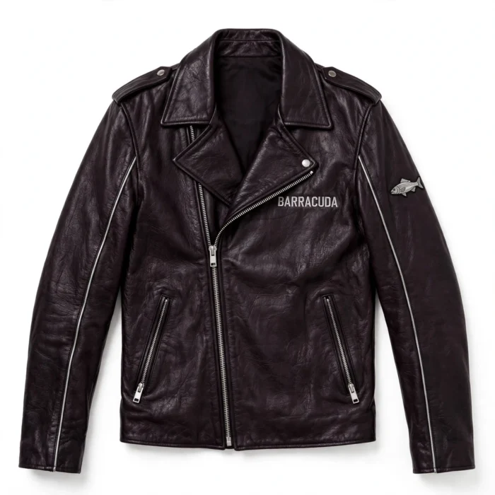 Barracuda Leather Jacket front view, plum-black with silver accents biker jacket
