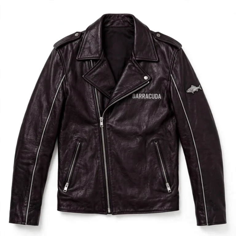 Barracuda Leather Jacket front view, plum-black with silver accents biker jacket