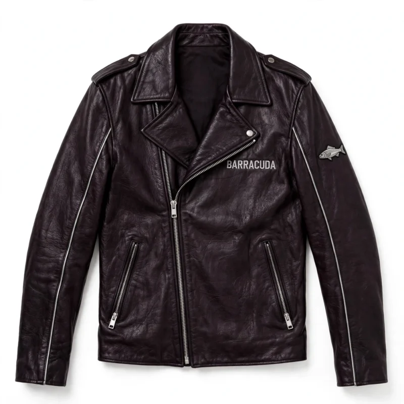 Barracuda Leather Jacket front view, plum-black with silver accents biker jacket