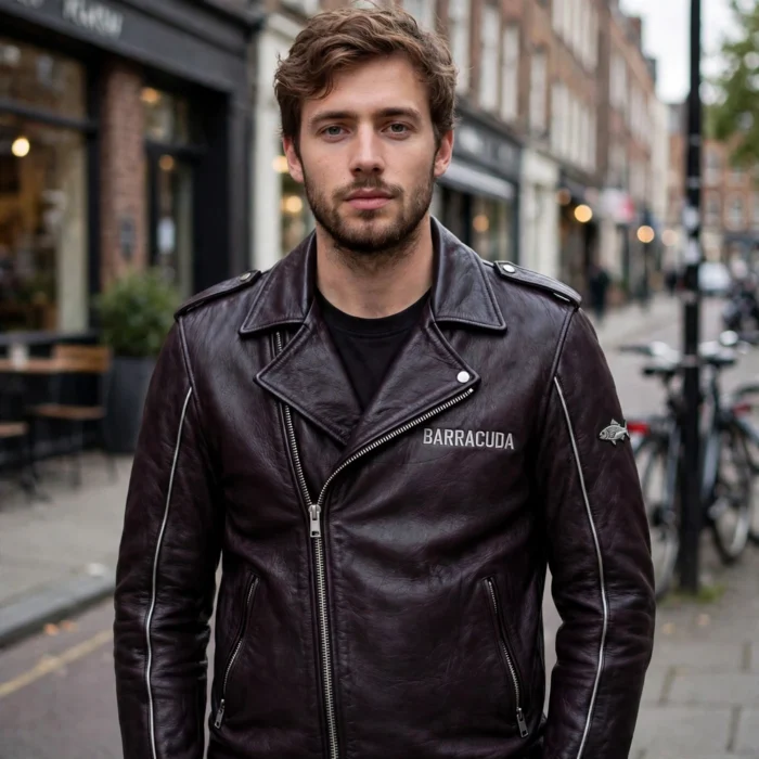 Model wearing the Barracuda Leather Jacket, plum-black with silver accents biker jacket