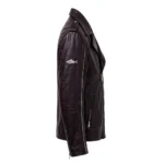 Barracuda Leather Jacket side view, plum-black with silver accents biker jacket