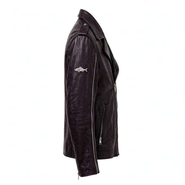 Barracuda Leather Jacket side view, plum-black with silver accents biker jacket